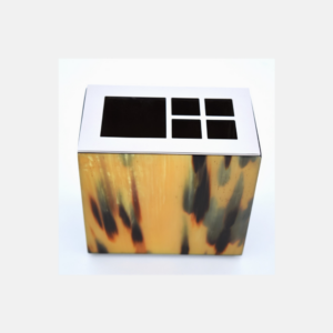 Toothbrush Holder In Dark Horn, Wood With Lacquered Black Gloss Finish And Stainless Steel.
